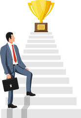 Fototapeta premium Businessman and gold trophy on ladder of success.