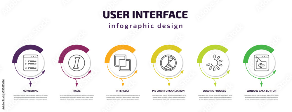 Poster user interface infographic template with icons and 6 step or option. user interface icons such as nu