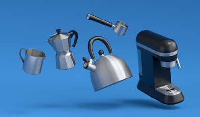 Espresso coffee machine with horn, kettle and geyser coffee maker on blue .