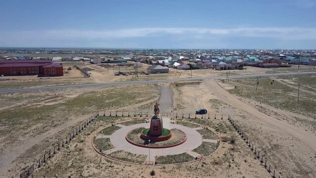 Monument To The Kazakh Hero Aidarbek Botyr And Panorama Of Aralsk, Aerial View