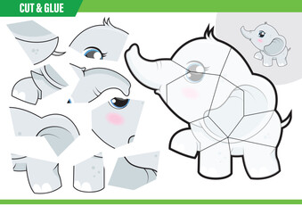 Cut and glue elephant jigsaw puzzle childern educational game.