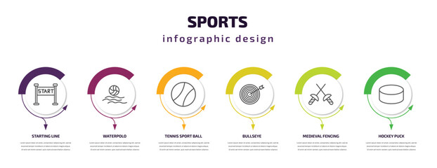 sports infographic template with icons and 6 step or option. sports icons such as starting line, waterpolo, tennis sport ball, bullseye, medieval fencing, hockey puck vector. can be used for banner,