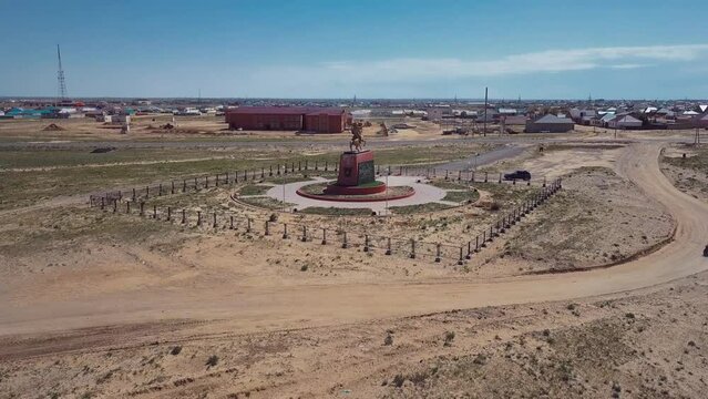 Monument To The Kazakh Hero Aidarbek Botyr And Panorama Of Aralsk, Aerial View