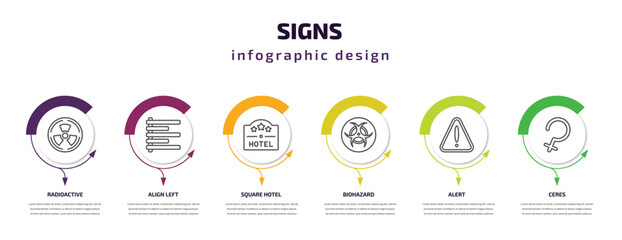 signs infographic template with icons and 6 step or option. signs icons such as radioactive, align left, square hotel, biohazard, alert, ceres vector. can be used for banner, info graph, web,