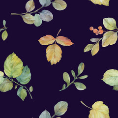 bright autumn leaves, seamless botanical pattern, watercolor leaves and branches on a blue background