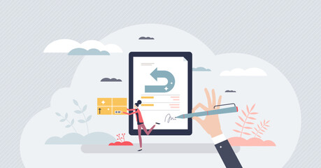 Return policy and send package back to get money refund tiny person concept. Shopping purchase compensation after customer guarantee terms vector illustration. Store receipt for unwanted product.