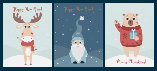 Collection of Merry Christmas and Happy New greeting cards design. With Christmas characters magic gnome, funny bear with gift and cute deer. Vector illustrations vertical templates.