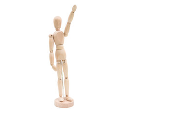 Wooden dummy man waving hello. Classic wooden mannequin in demonstration pose, standing against...