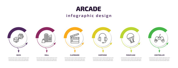 arcade infographic template with icons and 6 step or option. arcade icons such as dices, mall, clapboard, earphone, paraplane, controller vector. can be used for banner, info graph, web,