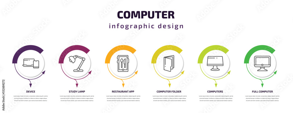Aufkleber computer infographic template with icons and 6 step or option. computer icons such as device, study 