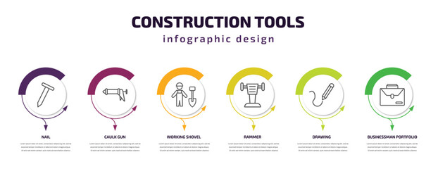 construction tools infographic template with icons and 6 step or option. construction tools icons such as nail, caulk gun, working shovel, rammer, drawing, businessman portfolio vector. can be used