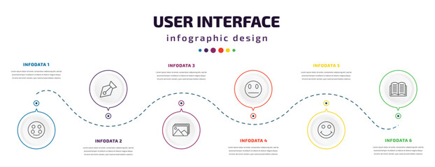 user interface infographic element with icons and 6 step or option. user interface icons such as crying smile, delete anchor point, photo album, sceptic smile, smiling smile, book opened at center - obrazy, fototapety, plakaty