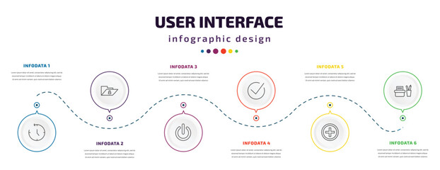 user interface infographic element with icons and 6 step or option. user interface icons such as anti clockwise, unlock folder, tiny power, tick box, round add button, office material vector. can be