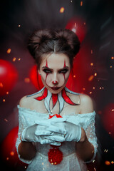 Fantasy portrait evil woman clown, Creative drawing professional halloween holiday makeup body art....