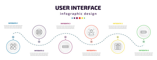 user interface infographic element with icons and 6 step or option. user interface icons such as round loading progress, list button, lace, face detection, delete bin, battery loaded vector. can be