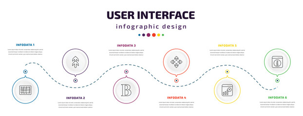 user interface infographic element with icons and 6 step or option. user interface icons such as mesh, top arrows, bold text, move arrows, disconnect, information button vector. can be used for