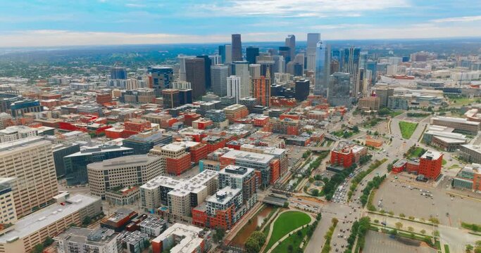 Aerial panorama of Denver, Colorado. Downtown urban cityscape buildings.