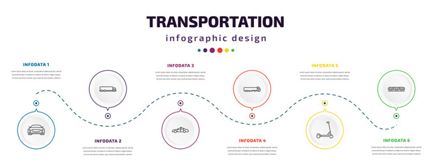 transportation infographic element with icons and 6 step or option. transportation icons such as car frontal view, truck, police car, tanker, kick scooter, light rail vector. can be used for banner,