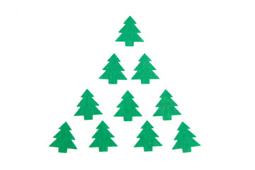 Gift wrapping option in the form of a felt Christmas tree. Christmas bright composition. Christmas background for presentation of work or text. Copy space. Top view. Isolated.