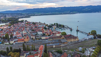 Fototapeta premium AERIAL VIEW of Lindau Island, Lindau, Lake Constance, Bavaria, Germany.