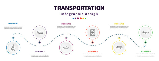 transportation infographic element with icons and 6 step or option. transportation icons such as army airplane, hydroplane, houseboat, gear box, school bus, jumbo jet vector. can be used for banner,
