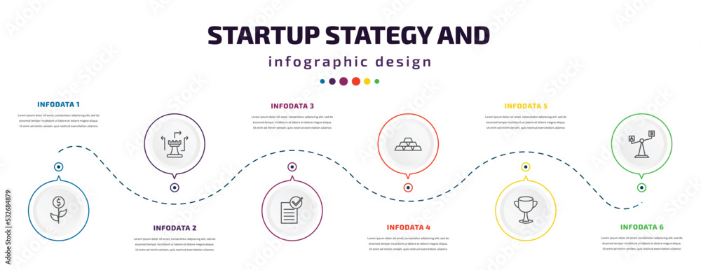 Poster startup stategy and infographic element with icons and 6 step or option. startup stategy and icons s