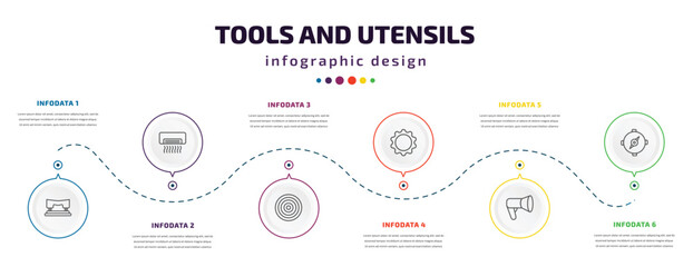 tools and utensils infographic element with icons and 6 step or option. tools and utensils icons such as hole puncher, air conditioning, target circles, , megaphone side view, orientation compass