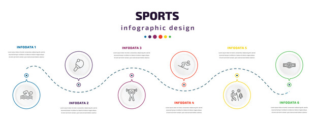 sports infographic element with icons and 6 step or option. sports icons such as swimming, table tennis, exercise gym, skiing down hill, adventure, boxer with belt vector. can be used for banner,