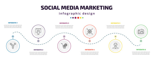 social media marketing infographic element with icons and 6 step or option. social media marketing icons such as transgender, seminar, ecommerce, , rocker, big photo camera vector. can be used for