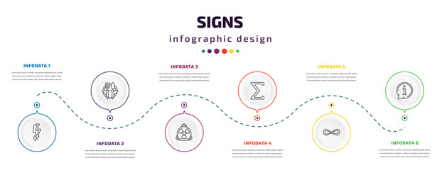 signs infographic element with icons and 6 step or option. signs icons such as electric current, restaurant, toxic, the sum of, infinity, information vector. can be used for banner, info graph, web,