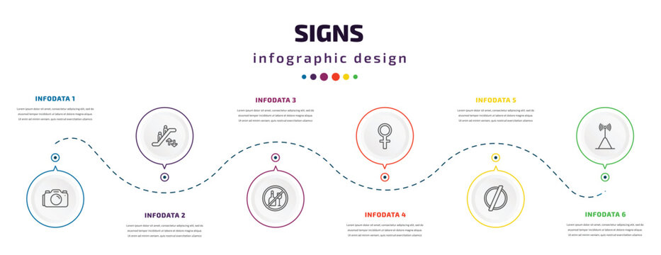 signs infographic element with icons and 6 step or option. signs icons such as camera, or, drink, femenine, empty, wireless receptor vector. can be used for banner, info graph, web, presentations.