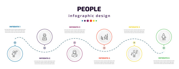 people infographic element with icons and 6 step or option. people icons such as man making soap bubbles, student books, breastfeeding, hide and seek, flag semaphore language, old lady walking