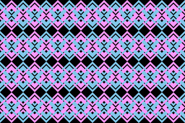 Linear geometric seamless pattern. Geometrical line diamond square in pink blue (pastel) on black background. Vector illustration.