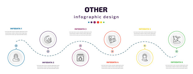 other infographic element with icons and 6 step or option. other icons such as arabian woman, mosque moon and star, pumpkin calendar, dentist business card, muslim woman with hijab, garden work