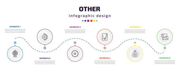 other infographic element with icons and 6 step or option. other icons such as loto, the 30 minutes, saw blade, smart wallet, kilograms, cook business card vector. can be used for banner, info