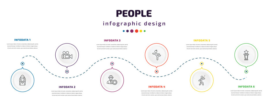 people infographic element with icons and 6 step or option. people icons such as bride avatar, movie director, constructor, gymnast girl, man walking and smoking, cinema award vector. can be used