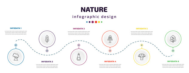 nature infographic element with icons and 6 step or option. nature icons such as white oak tree, black ash tree, essence, the oaks tree, mushroom with spots, white ash vector. can be used for