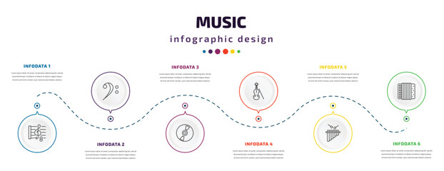 Fototapeta na wymiar music infographic element with icons and 6 step or option. music icons such as octave, bass clef, music record, violoncello, marimba, accordion vector. can be used for banner, info graph, web,