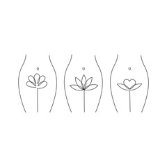 Intimate hygiene. Womans with flowers line silhouette. Body Care for spa salon, eco cosmetics vector icons in sketch style.