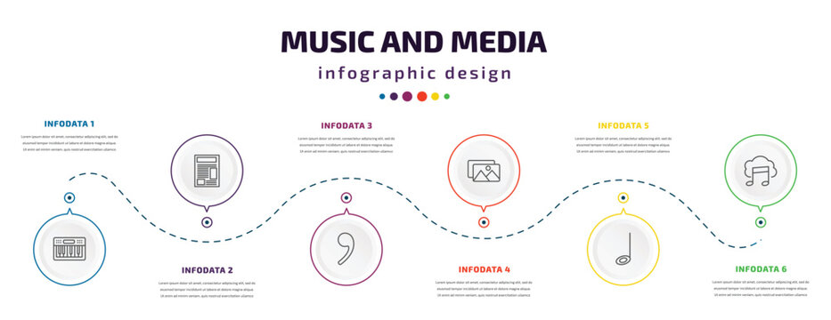 music and media infographic element with icons and 6 step or option. music and media icons such as music keyboard, newspaper report, breath mark, album, half note, downloaded cloud vector. can be