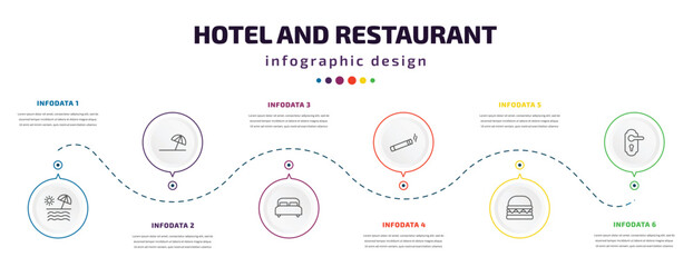 hotel and restaurant infographic element with icons and 6 step or option. hotel and restaurant icons such as beach, beach umbrella, double bed, smoking, cheese burger, doorknob vector. can be used