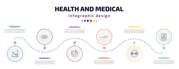 health and medical infographic element with icons and 6 step or option. health and medical icons such as stationary bike, medical mask, sphygmomanometer, spermatozoon, weightlifting, file vector.