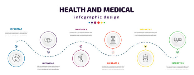 health and medical infographic element with icons and 6 step or option. health and medical icons such as medical, eye drops, orange juice, report, girl, blood pressure gauge vector. can be used for