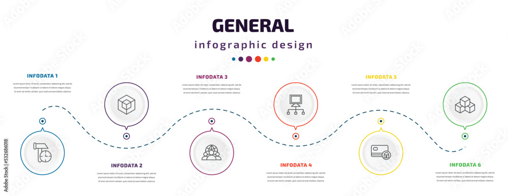 Aufkleber general infographic element with icons and 6 step or option. general icons such as build time, 3d mo