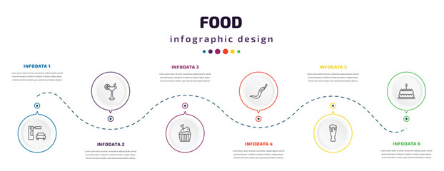 food infographic element with icons and 6 step or option. food icons such as drive through, cocktail on a glass, romantic muffin, spicy food, pint, cake with one candle vector. can be used for