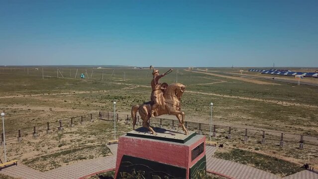 Monument To The Kazakh Hero Aidarbek Botyr And Panorama Of Aralsk, Aerial View