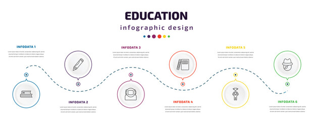 education infographic element with icons and 6 step or option. education icons such as books, crayon, astronaut, hardbound book variant, man with trophy, long john silver vector. can be used for