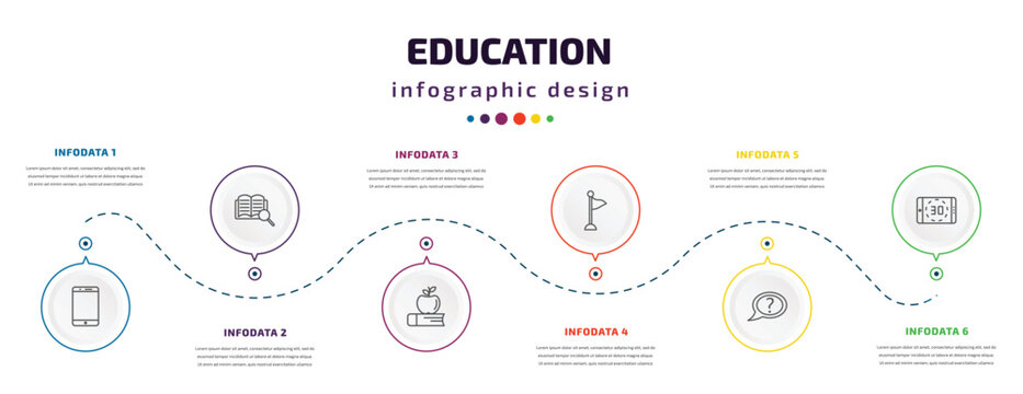 education infographic element with icons and 6 step or option. education icons such as cellphone, book and magnifying, book and, flag point, unknown topic, digital display 30 vector. can be used for