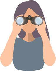 woman looking through binoculars, representing being focused, observing, searching, watching, investigating, etc.