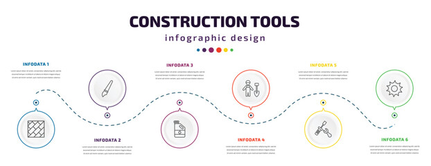 construction tools infographic element with icons and 6 step or option. construction tools icons such as parquet, paint brush, gallon oil, working shovel, repair screwdriver, circular saw vector.